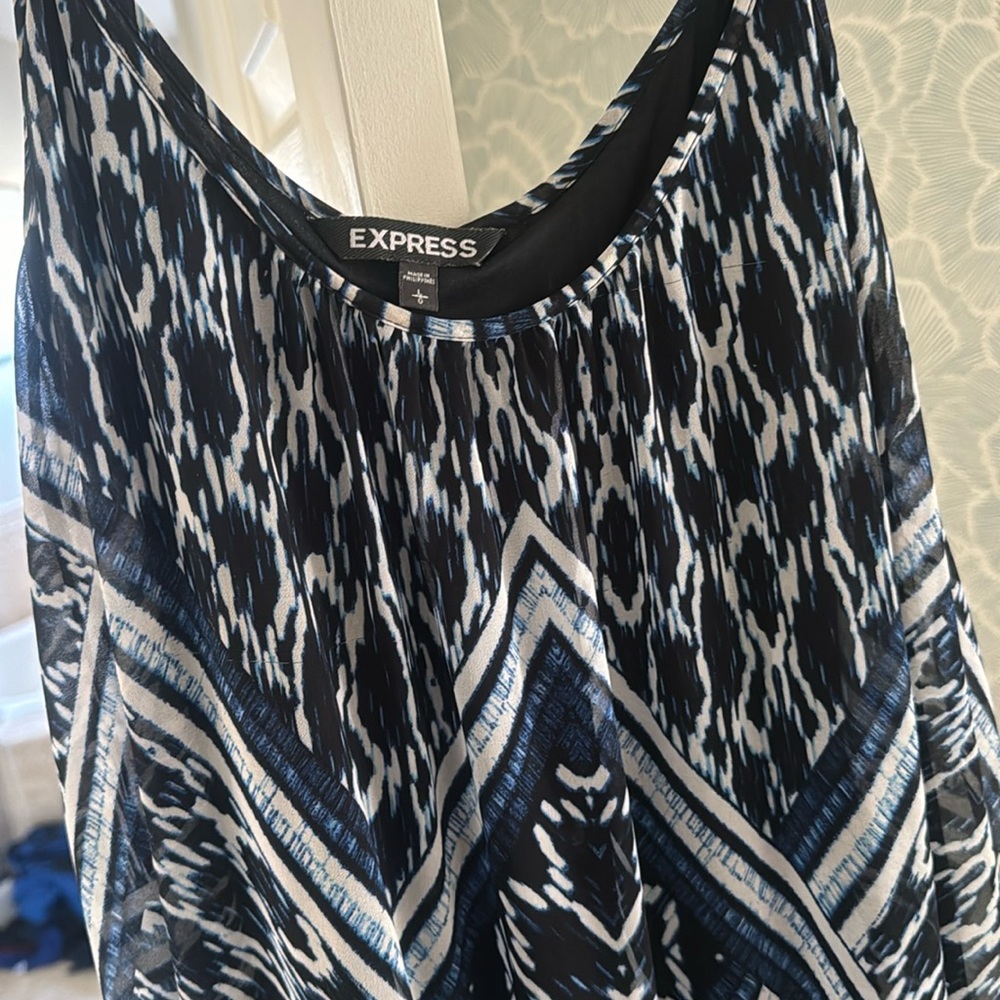 Blue, Mediterranean-style Express high-low maxi dress. Size L. Semi sheer.